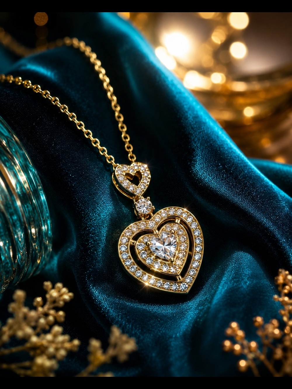 Gold Tone Double Heart Pendant Necklace Clear Rhinestones Women’s Jewelry